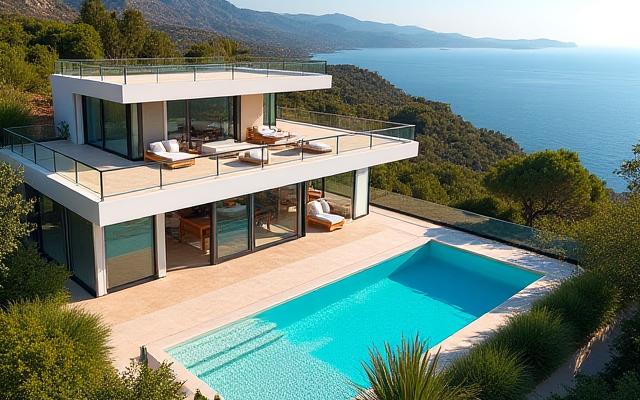 Photographie aérienne d'une villa de luxe avec piscine, vue imprenable