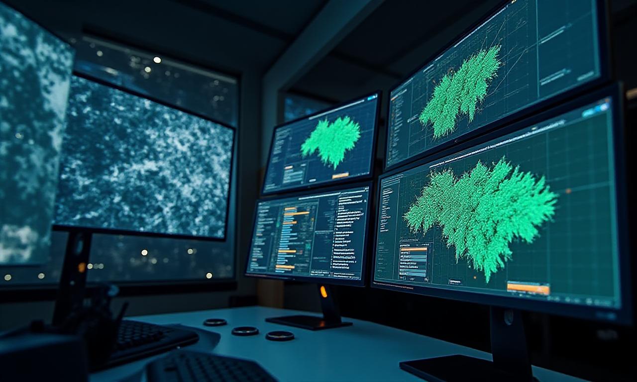 Modèle 3D détaillé d'un terrain rural avec courbes de niveau et données topographiques, affiché sur un écran d'ordinateur.