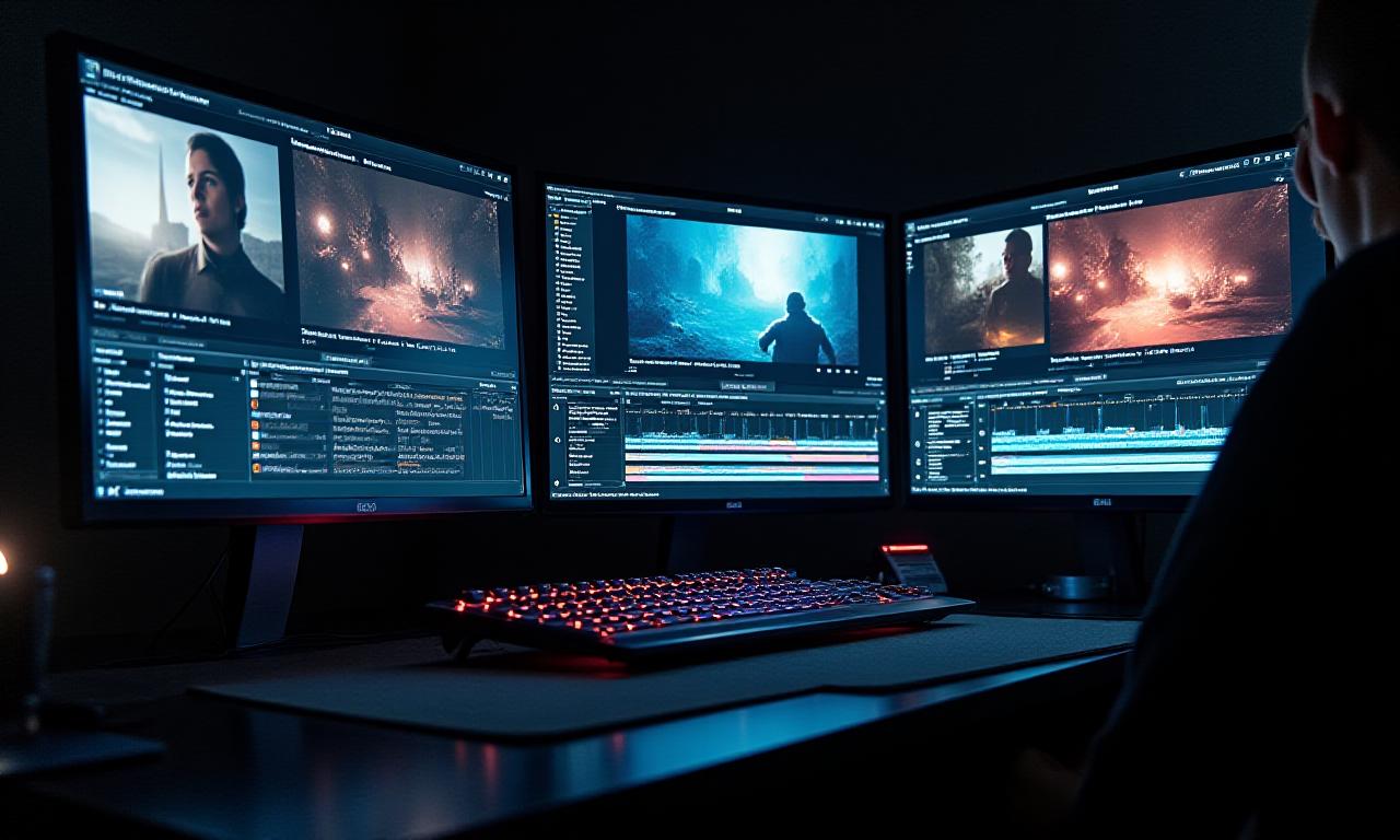 Cadrage serré d'un écran de montage vidéo professionnel affichant une timeline avec des clips, des effets et des outils de colorimétrie.