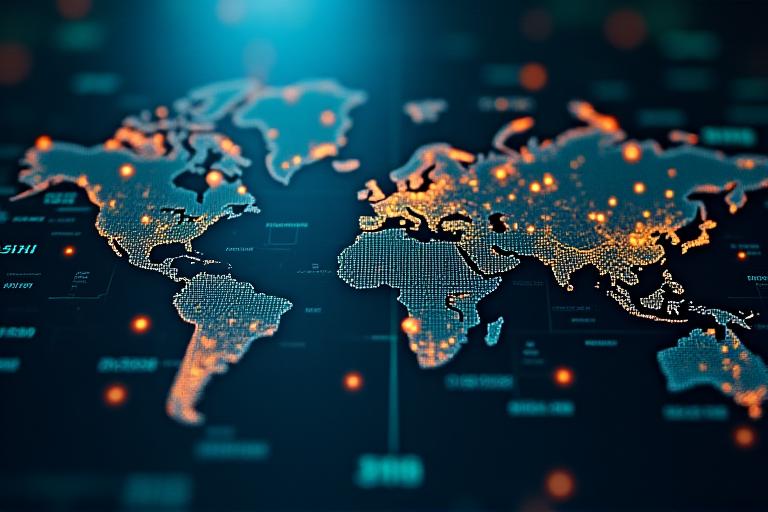 Carte interactive affichant des points de données géospatiales et des informations statistiques sur un fond sombre technologique.